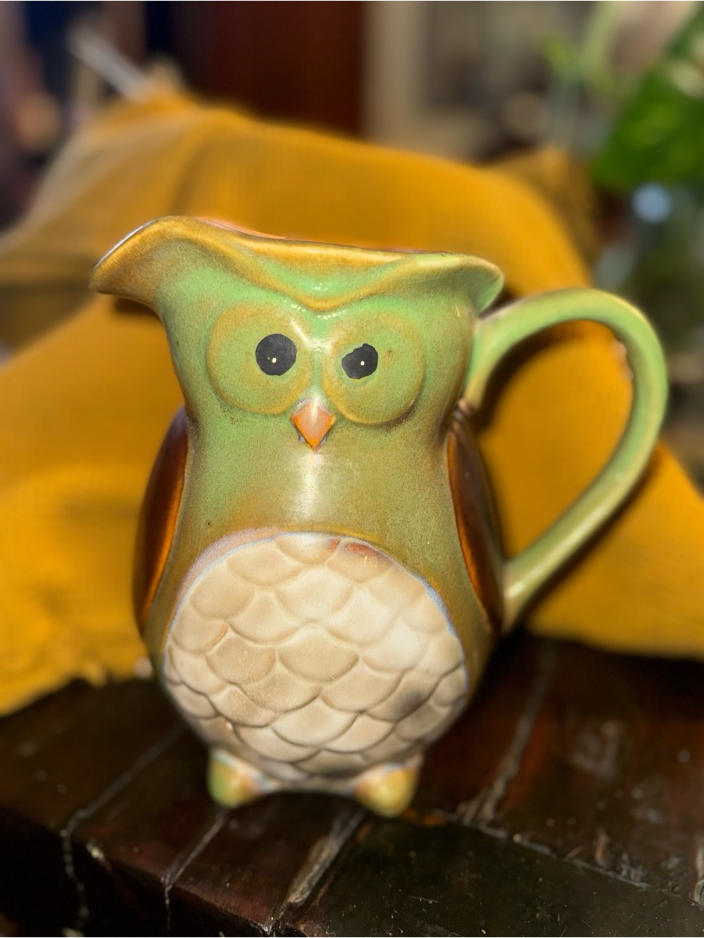 Vintage MCM Green Owl Ceramic Pottery Pitcher